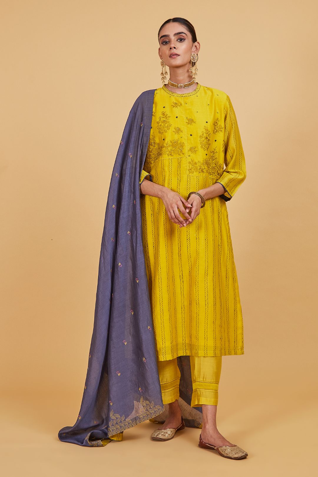 Yellow Dhari two Panel Kurta Set