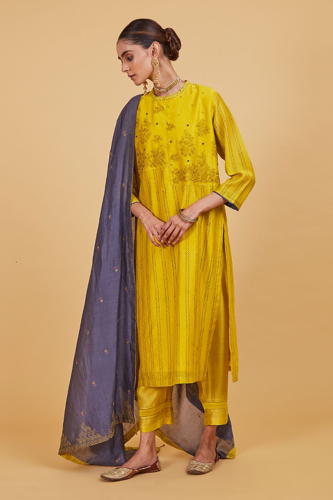 Yellow Dhari two Panel Kurta Set