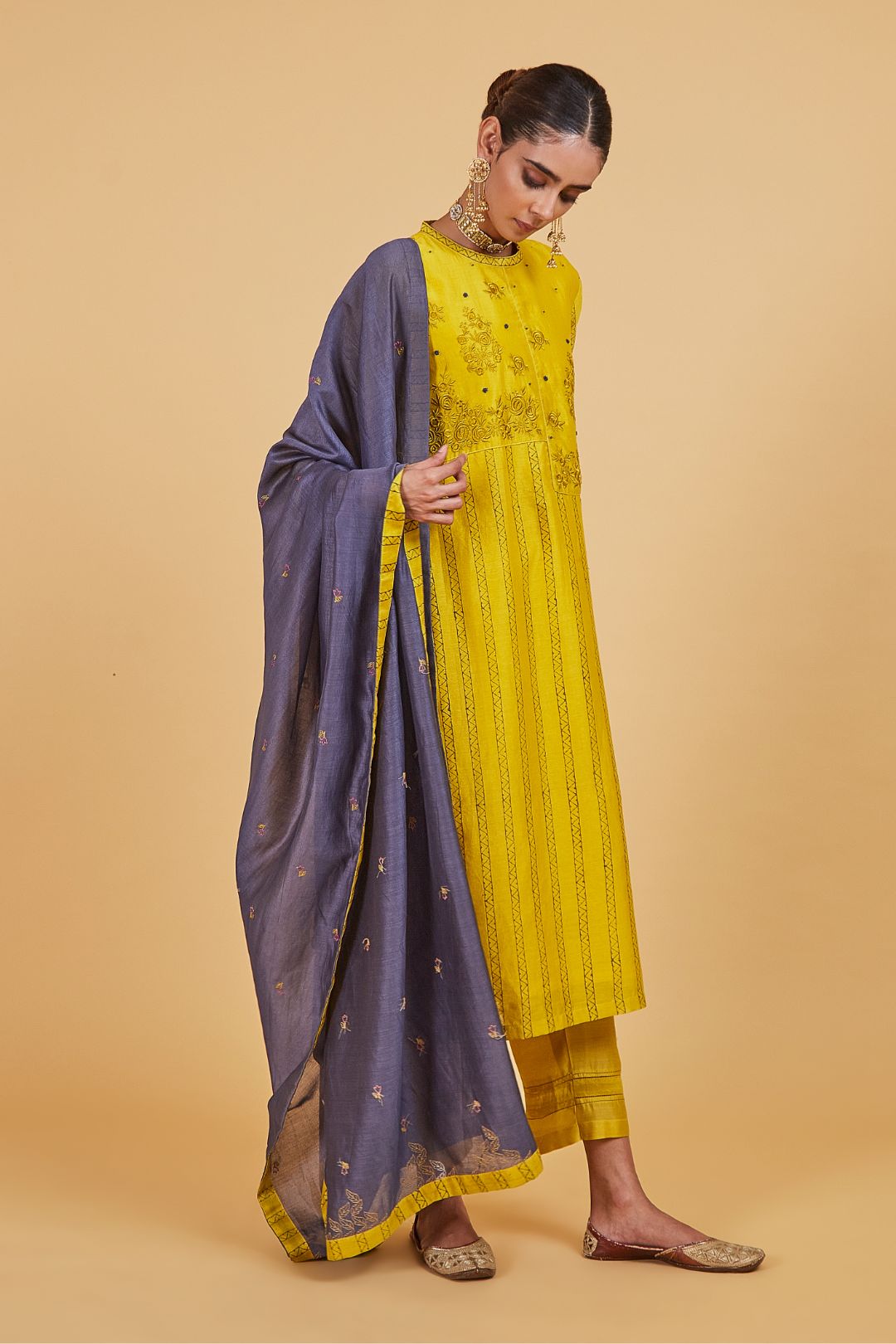 Yellow Dhari two Panel Kurta Set