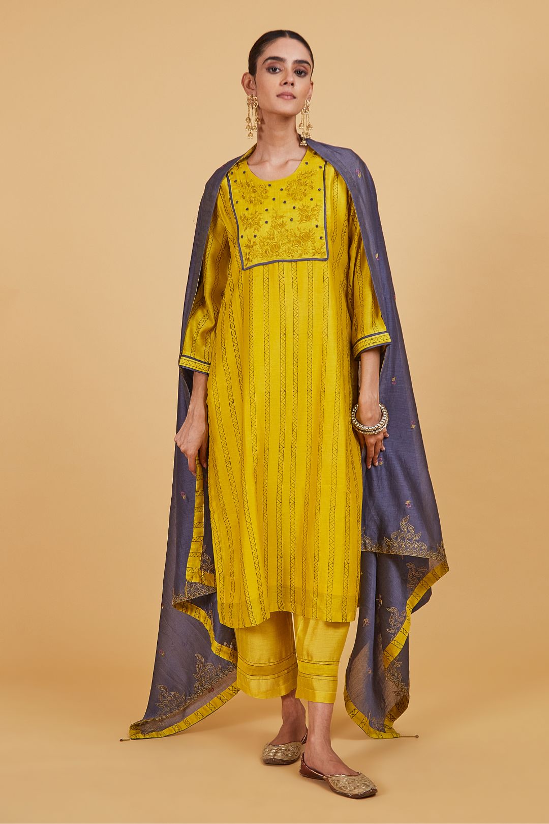 Yellow Dhari Yoke Kurta Set