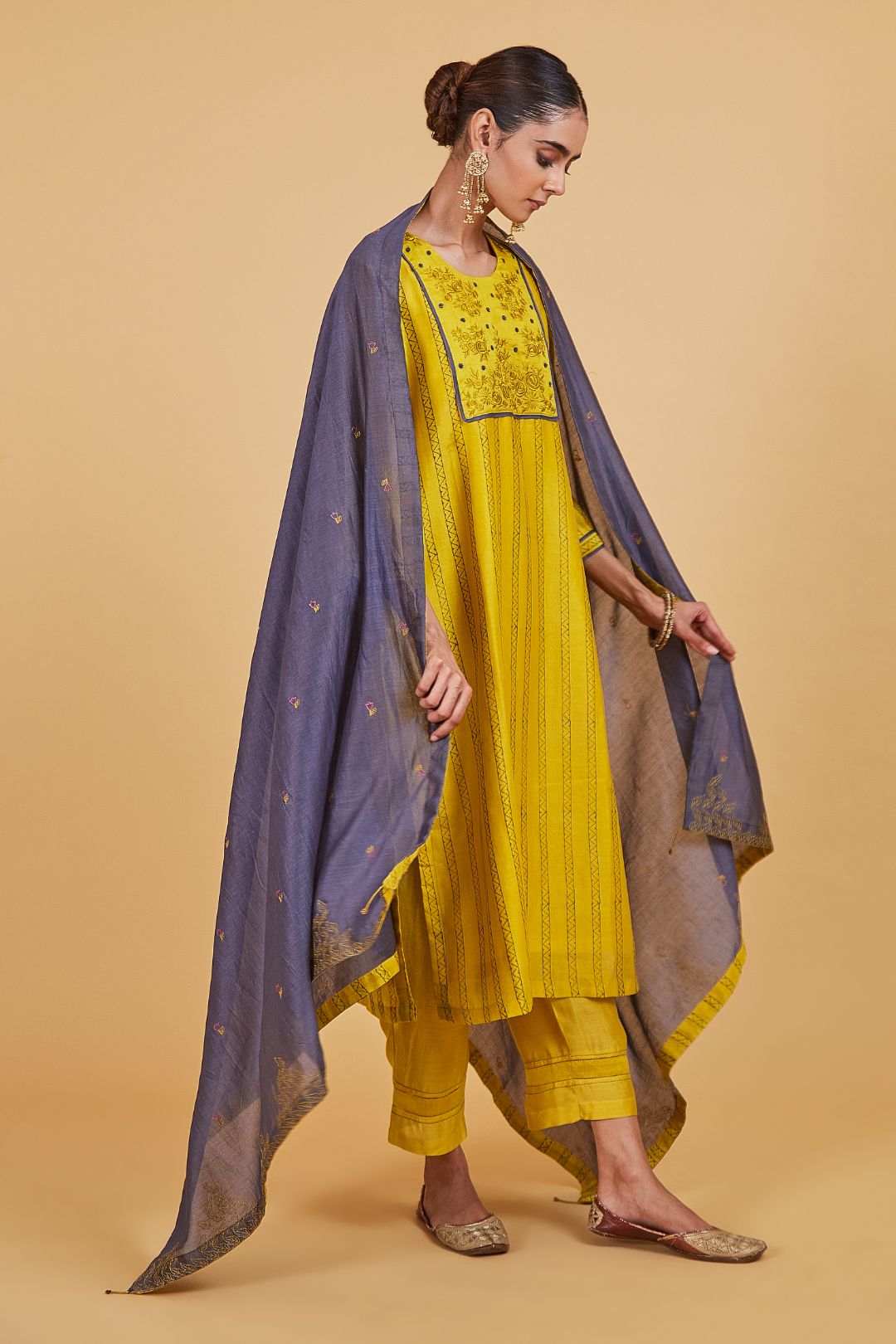 Yellow Dhari Yoke Kurta Set