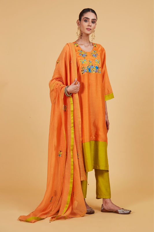 Rose Orange Yoke Kurta Set